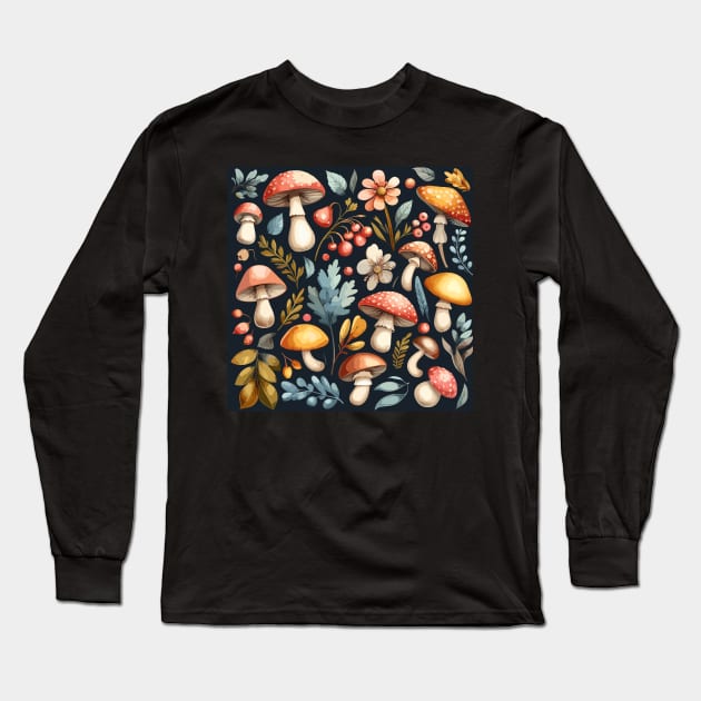 Mushroom Pattern on Dusty Dark Blue Long Sleeve T-Shirt by Siha Arts